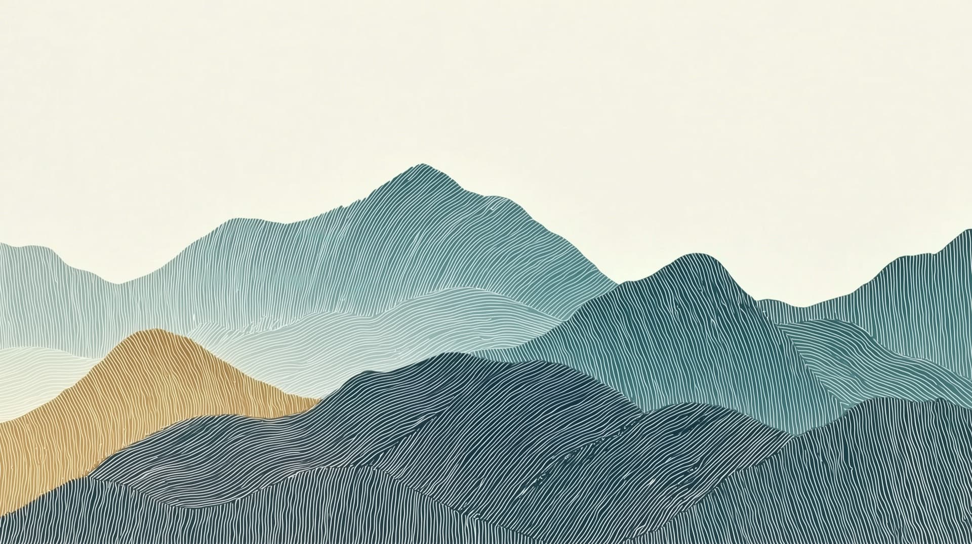 Atmospheric mountain landscape, line-based illustration in teal and terracotta